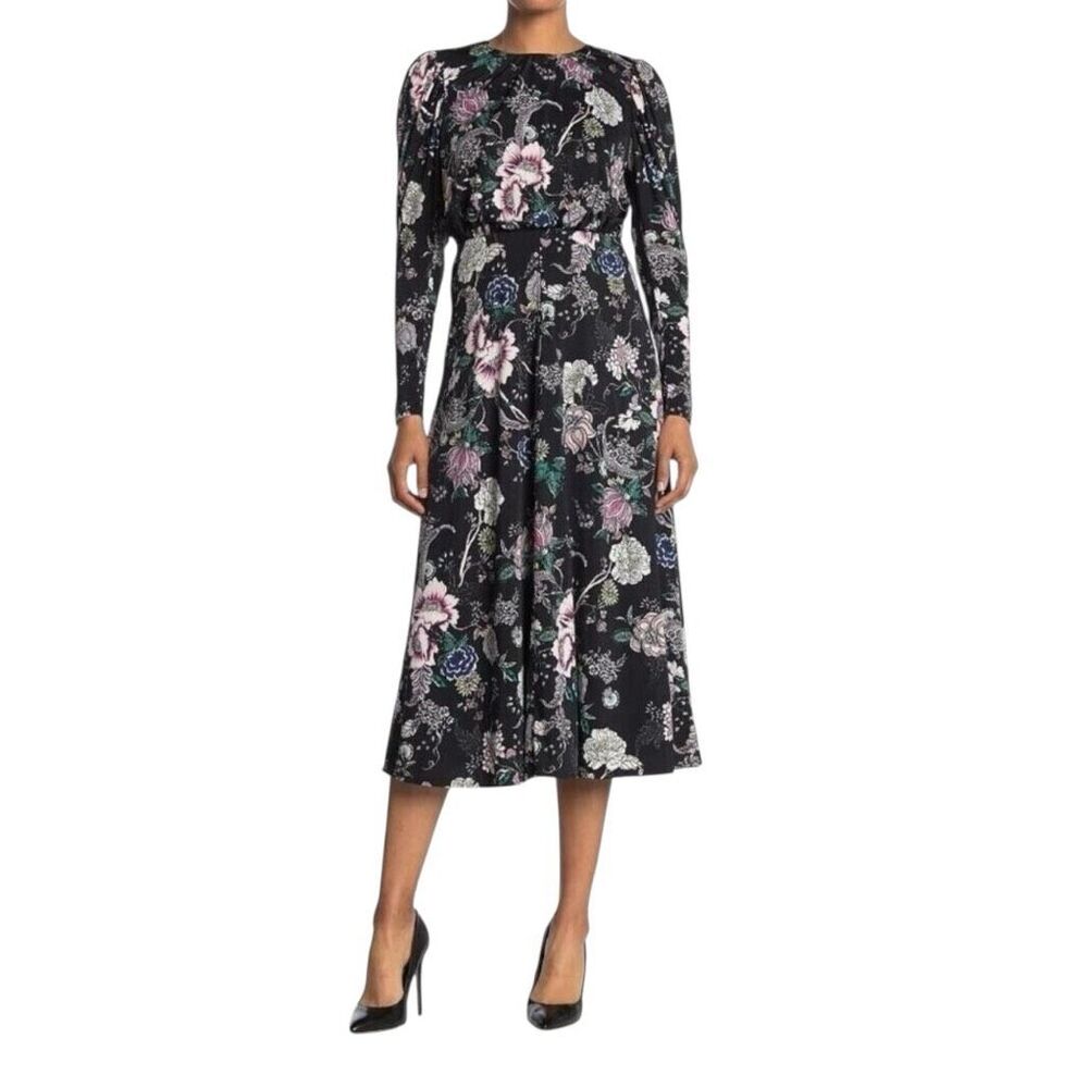 AFRM Women's‎ Delilah Noir Rose Long Sleeves Open Back Floral Midi Dress Medium